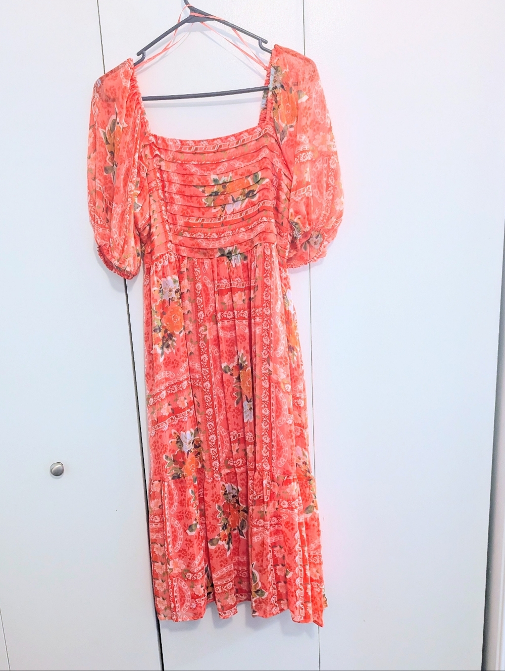 Lauren Conrad Pleated Front Midi Dress Pink Coral Flowy Short Sleeve Dress